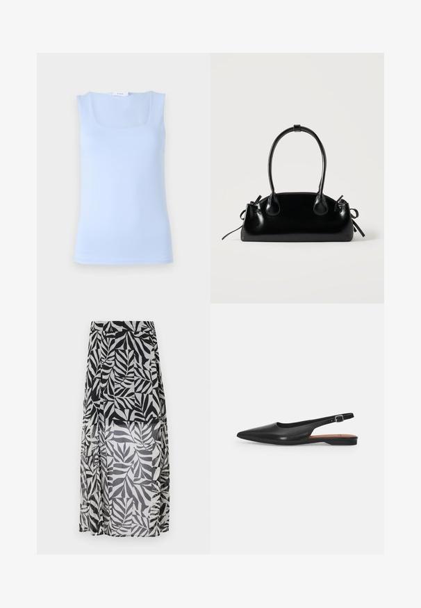 Top sin mangas de color azul claro con un escote cuadrado, hecho de una tela suave, que presenta un diseño ajustado y una silueta minimalista.; Falda larga de tela transparente en blanco y negro con un patrón de hojas, que cuenta con una cinturilla con cordón y aberturas laterales para mayor movimiento y estilo.; Zapato de cuero negro tipo slingback con punta afilada, ligero brillo y correa ajustable en el tobillo. Tacón plano con plantilla marrón.; Pequeño bolso negro brillante con dos asas largas y detalles de cordón lateral sobre un fondo claro liso.