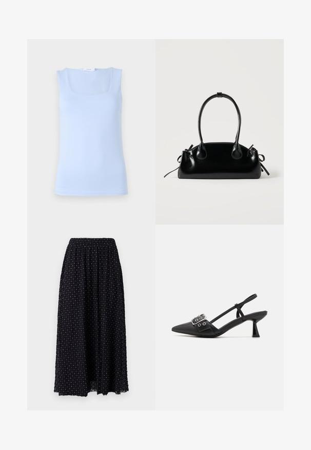 Top sin mangas de color azul claro con un escote cuadrado, hecho de una tela suave, que presenta un diseño ajustado y una silueta minimalista.; Falda maxi negra con una textura de malla de patrón en diamante, cintura elástica y ligero fruncido en la parte superior, con detalles plateados a lo largo.; Simmi London DALA - Tacones - black; Pequeño bolso negro brillante con dos asas largas y detalles de cordón lateral sobre un fondo claro liso.