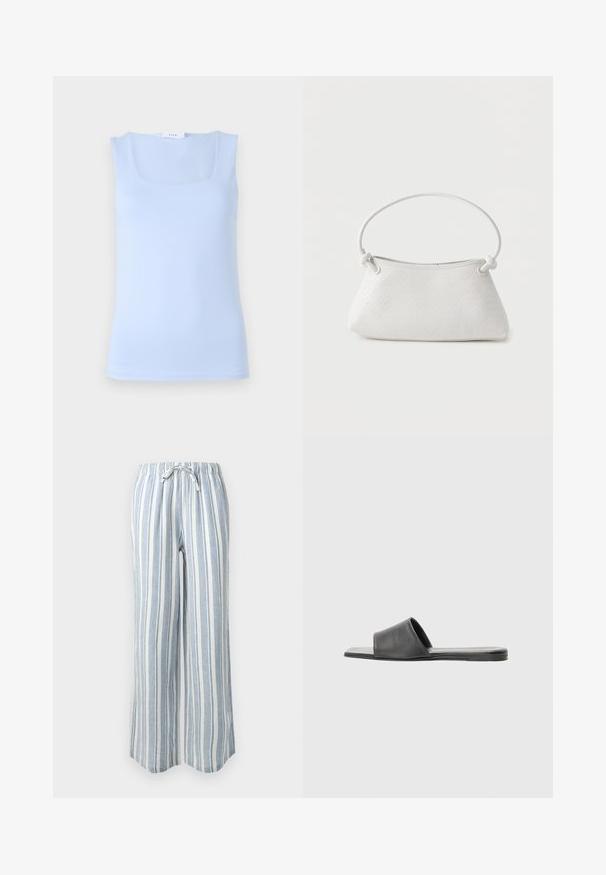 Top sin mangas de color azul claro con un escote cuadrado, hecho de una tela suave, que presenta un diseño ajustado y una silueta minimalista.; Pantalones de pierna ancha con rayas verticales en azul claro y blanco, con cintura elástica y cierre con cordón.; Sandalia deslizante de piel negra con una amplia correa y suela plana, que presenta una textura suave y un diseño minimalista.; Bolso de mano de cuero blanco tejido con asa redondeada y extremos de la correa anudados, exhibido sobre un fondo liso.