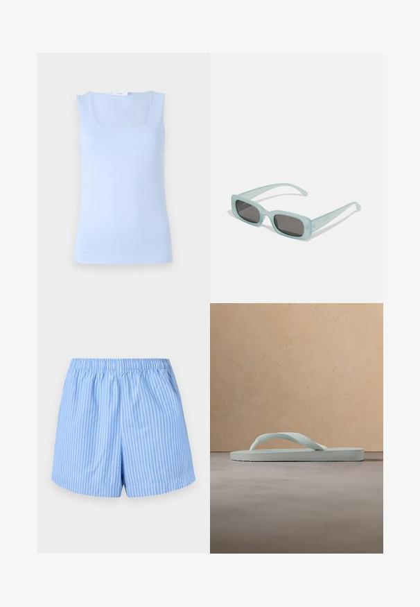 Top sin mangas de color azul claro con un escote cuadrado, hecho de una tela suave, que presenta un diseño ajustado y una silueta minimalista.; Pantalones cortos azul cielo con rayas verticales blancas, cintura elástica, longitud hasta el muslo y una textura de algodón suave.; Sandalia tipo chancla de goma beige claro con plantilla texturizada y correa en forma de Y sobre un fondo gris liso.; Un par de gafas de sol rectangulares con montura translucida azul clara y lentes gris oscuro, que cuentan con patillas rectas y detalles de hardware mínimos.
