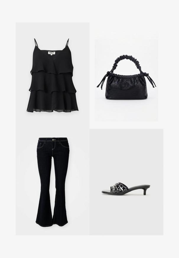 Top noir sans manches superposé avec fines bretelles et une étiquette "ONLY" sur un fond uni.; Jeans évasés en denim foncé avec une taille haute, des poches avant et arrière, et des coutures contrastantes jaunes.; Sandales à talons noires avec plusieurs brides brillantes et des accents métalliques, présentant un bout pointu et des talons kitten discrets. Texture lisse.; Sac à main noir avec texture crocodile, bord supérieur froncé, poignée plissée et pompons à cordon de chaque côté sur fond blanc.