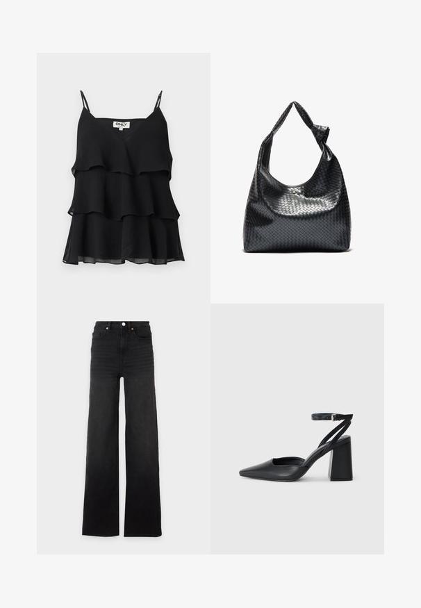 Top noir sans manches superposé avec fines bretelles et une étiquette "ONLY" sur un fond uni.; Jean noir taille haute à jambes larges avec bouton devant, passants de ceinture et cinq poches sur fond blanc.; Escarpin noir en cuir à bout pointu avec une bride de cheville et un talon épais. Texture lisse, design élégant et esthétique minimaliste.; Sac à main en cuir tissé noir au design décontracté, avec une sangle nouée et une petite clou doré décoratif en haut.