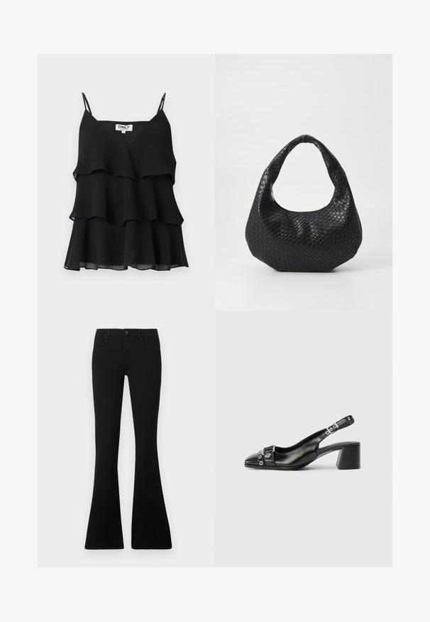 Top noir sans manches superposé avec fines bretelles et une étiquette "ONLY" sur un fond uni.; Jeans évasés noirs à taille haute, en denim. Comprend cinq poches et une fermeture à bouton unique. Texture lisse.; Sandale à talon en cuir noir avec un bout pointu, une sangle texturée ornée d'accents métalliques circulaires et un talon empilé.; Sac à main tissé noir avec une poignée courbée, présentant une surface texturée et une forme décontractée. Fini lisse avec une silhouette organique.