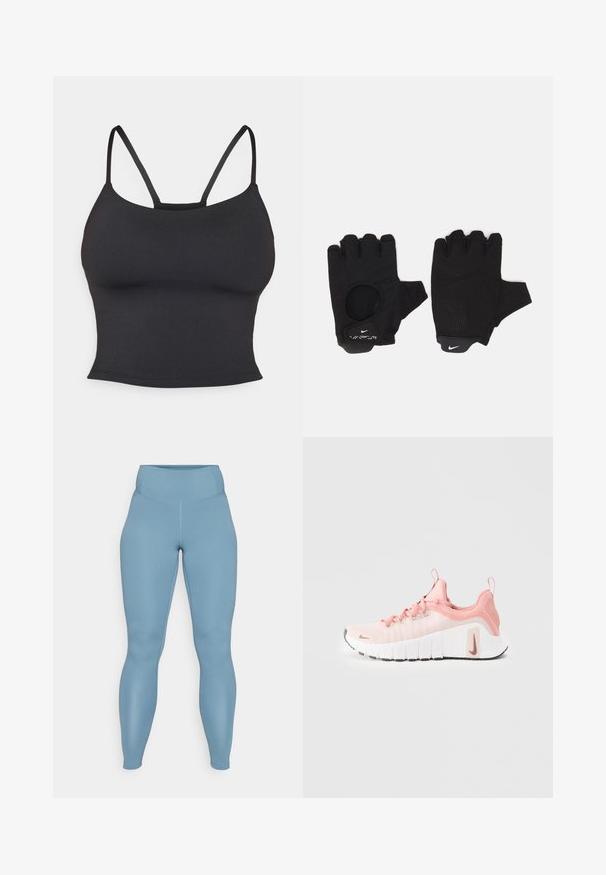 Sort tætsiddende camisole lavet af glat stof, med tynde stropper og rund halsudskæring, uden yderligere mønstre eller accenter.; Blå høj talje leggings lavet af glat, strækbart stof. Har en tætsiddende form og sømløst design med en let glans.; Lyserød sportssko med tekstureret overdel, hvid mellemsål og sort ydersål. Har runde snørebånd og en trækstrop ved hælen.; Sorte fingerløse handsker med et tekstureret design. Lavet af et åndbart materiale, med en tommelfingeråbning og forstærket håndflade for bedre greb.