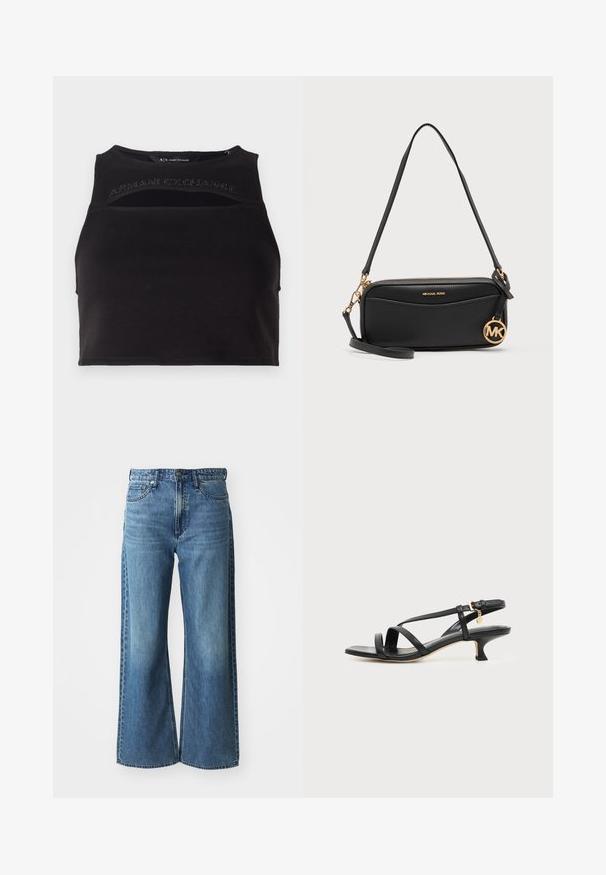 Sort cropped tank top lavet af glat stof, med udskårede detaljer og et frontlogo i nitteret skrift. Simpel, atletisk silhuet.; Bredde ben blå denimjeans med mid-rise talje, fem lommer og subtile falmninger. Funktionen inkluderer bæltestropper og syede detaljer.; Sort læder sandal med lav, tynd hæl, ankelspænde og lille guldkæde mod en lys, ensartet baggrund.; Sort Michael Kors skuldertaske i læder med guld logo charm, guld lynlås og justerbar rem på en ensfarvet baggrund.