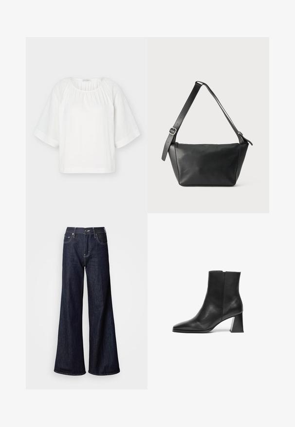 Blouse blanche ample avec encolure ronde, tissu froncé au col et larges manches mi-longues avec des détails de couture horizontaux.; Jean à jambes larges en denim foncé, présentant une taille haute, cinq poches, des coutures blanches contrastantes et une texture lisse.; Bottine en cuir noir à bout pointu, avec un talon géométrique moyen et une texture lisse. Design simple sans quincaillerie visible ni accents.; Sac à bandoulière en cuir noir avec une large sangle réglable et une boucle argentée, présenté sur un fond clair uni.
