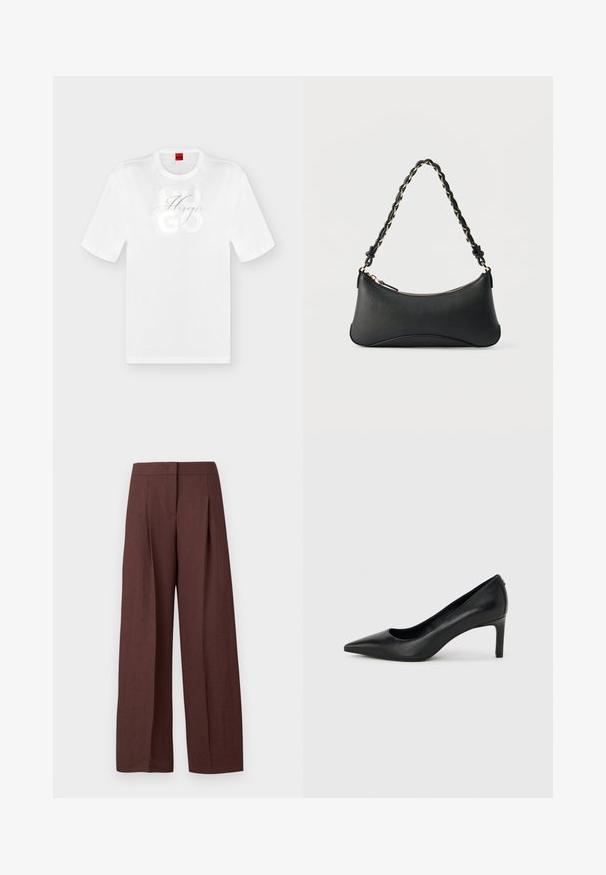 T-shirt blanc à manches courtes et col rond avec texte embossé "HUGO" et logo "Hugo" calligraphié sur la poitrine.; Pantalon marron à jambes larges et taille haute avec plis devant et fermeture avant dissimulée, présenté sur fond blanc uni.; Escarpin à bout pointu en cuir noir avec un talon fin de hauteur moyenne sur un fond gris clair uni.; Sac à bandoulière en cuir noir de forme rectangulaire incurvée, avec une chaîne dorée tissée dans la bandoulière noire tressée et une fermeture éclair sur le dessus.