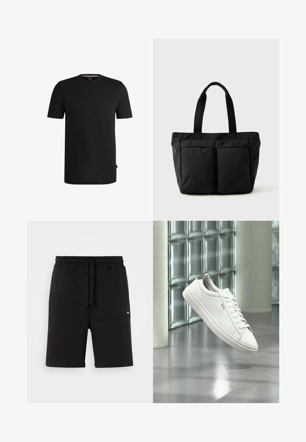 Zwarte short-sleeve t-shirt gemaakt van soepel katoen met een ronde halslijn. Heeft een subtiele merklabel aan de linkerkant nabij de zoom.; Zwarte katoenen shorts met een elastische tailleband en drawstring. Voorzien van zijzakken en een klein logo aan de voorkant. Glad textuur.; Witte leren lage sneaker met veters, zwarte hielstrook en "BOSS"-logo, zwevend binnenshuis bij een glazen stenen muur en gepolijste vloer.; Zwarte tote bag met een zachte stoffen constructie, twee voorvakken en stevige handvatten. Logo aan de zijkant weergegeven. Eenvoudig, functioneel ontwerp.
