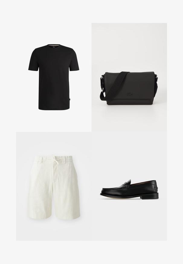 Zwarte short-sleeve t-shirt gemaakt van soepel katoen met een ronde halslijn. Heeft een subtiele merklabel aan de linkerkant nabij de zoom.; Lichtbeige shorts gemaakt van een zachte, gestructureerde stof. Voorzien van een elastische tailleband met een koord en een enkele voorkant zak.; Zwarte leren herenloafer met een lage hak en mocassinstiksels op de teen, zijaanzicht op een effen achtergrond.; Lacoste MESSENGER BAG MEN CLASSIC - Schoudertas - noir
