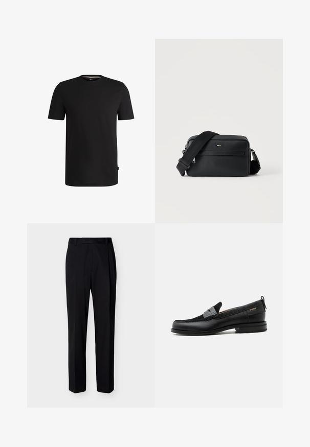 Schwarzes T-Shirt mit kurzen Ärmeln aus weicher Baumwolle und rundem Halsausschnitt. Verfügt über ein dezentes Markenlabel auf der linken Seite nahe dem Saum.; Schwarze, maßgeschneiderte, gerade geschnittene Hose mit Gürtelschlaufen und Bügelfalte, vor einem schlichten, hellen Hintergrund präsentiert.; Schwarzer Lederloafer mit grauem Riemendetail, niedrigem Absatz und strukturierter Sohle, seitlich mit „HUGO“ in Gold gebrandmarkt.; Schwarze, strukturierte Leder-Crossbody-Tasche mit vorderer Reißverschlusstasche und verstellbarem breitem Stoff-Schulterriemen auf weißem Hintergrund.