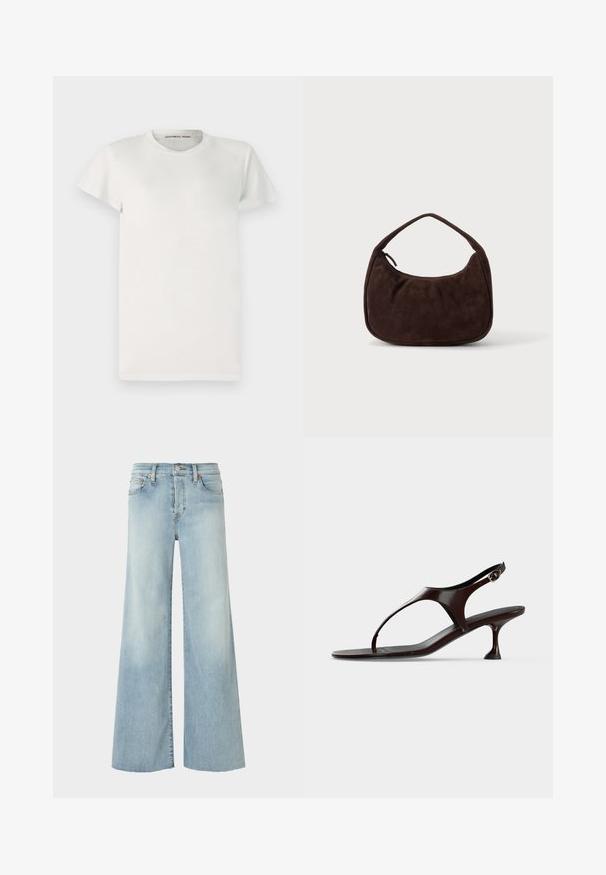 T-shirt blanc à manches courtes en coton avec un col rond et une coupe simple. Les étiquettes affichent "DESIGNERS REMIX" à l'intérieur du col.; RE/DONE MID RISE PALAZZO - Jean boyfriend - blue denim; Sandale slingback en cuir verni marron foncé avec petit talon et bride entre les orteils sur fond blanc.; Sac à main en daim marron foncé avec une courte sangle et une forme rectangulaire arrondie sur un fond uni clair.