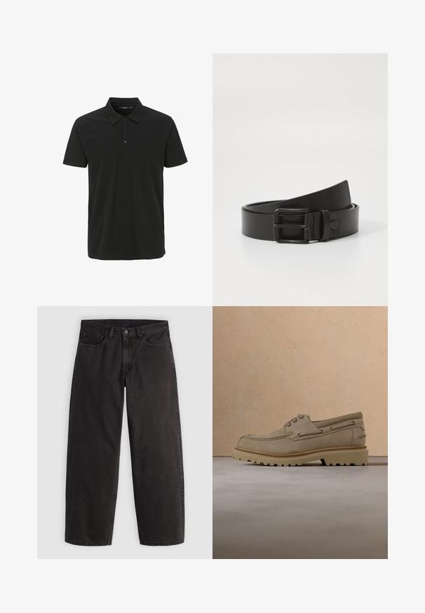 Schwarzes Poloshirt aus Baumwolle, mit Kragen, einer Knopfleiste mit drei Knöpfen und kurzen Ärmeln. Glatte Textur mit minimalistischem Design.; Schwarze gerade geschnittene Jeans aus Denim mit fünf Taschen und Gürtelschlaufen, flach auf einem einfarbigen hellen Hintergrund liegend dargestellt.; Beiger Wildleder-Casual-Schnürschuh mit dicker, profilierter Sohle, schwebend über passender beiger strukturierter Oberfläche und Hintergrund dargestellt.; Schwarzer Leder-Gürtel mit rechteckiger Metallschnalle. Verfügt über eine glatte Textur und ein minimalistisches Design, rollt am Ende leicht.