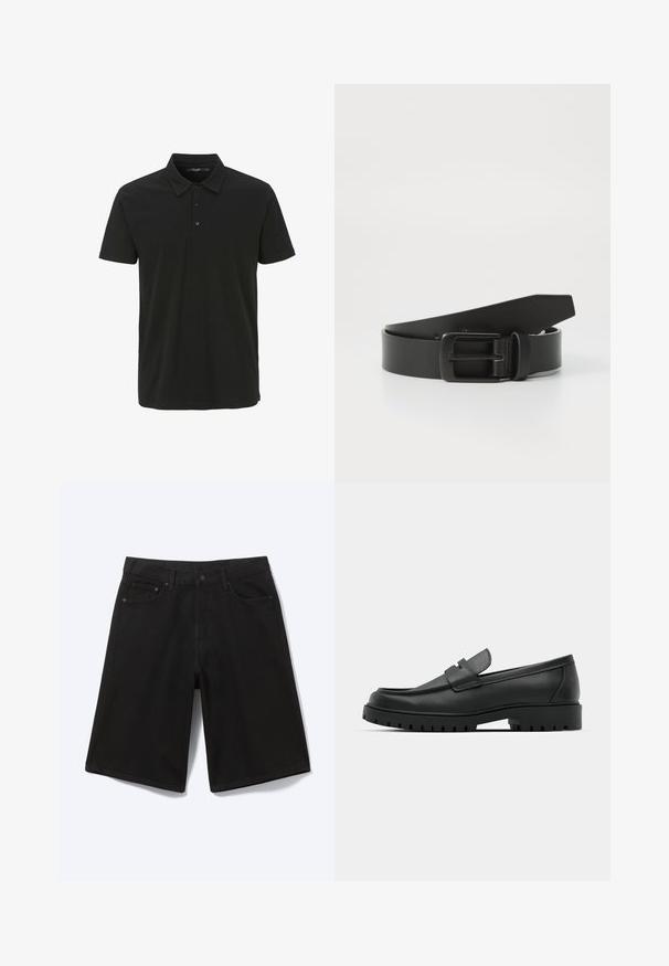 Schwarzes Poloshirt aus Baumwolle, mit Kragen, einer Knopfleiste mit drei Knöpfen und kurzen Ärmeln. Glatte Textur mit minimalistischem Design.; Schwarze knielange Jeansshorts mit Frontknopf, Gürtelschlaufen und fünf Taschen, dargestellt vor weißem Hintergrund.; Schwarze Lederloafer mit runder Zehenform, ausgestattet mit einem gesteppten Design, niedrigem Plattformsohle und einer strukturierten, genoppten Gummisohle.; Schwarzer Leder Gürtel mit einer mattschwarzen Metallschließe, ausgestattet mit einer glatten Textur und einfachem Design. Verstellbare Länge mit zulaufendem Ende.