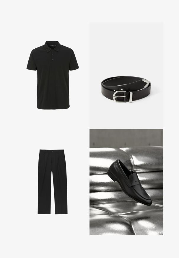 Sort polo-shirt lavet af bomuld, med krave, tre-knaps placket og korte ærmer. Glat tekstur med minimalistisk design.; Sorte bukser med lige ben, lavet af et glat stof. Har frontfolder og en enkelt knaplukning i taljen.; Sort læderloafer placeret over en skinnende metalisk sølv tuftet pude baggrund.; Sort læderbælte med en sølvmetalsnore, der har et klassisk design og en glat tekstur. Indeholder huller til justerbar pasform.