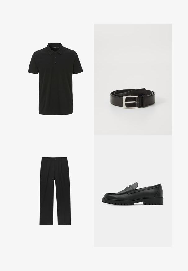 Schwarzes Poloshirt aus Baumwolle, mit Kragen, einer Knopfleiste mit drei Knöpfen und kurzen Ärmeln. Glatte Textur mit minimalistischem Design.; Schwarze Hose mit geradem Schnitt, aus einem glatten Stoff gefertigt. Verfügt über Vorderfalten und einen einzelnen Knopfverschluss an der Taille.; Schwarze Lederloafer mit runder Zehenform, ausgestattet mit einem gesteppten Design, niedrigem Plattformsohle und einer strukturierten, genoppten Gummisohle.; Schwarzer Ledergürtel mit glatter Textur, ausgestattet mit einer rechteckigen silbernen Metallschnalle und einem klassischen Design.