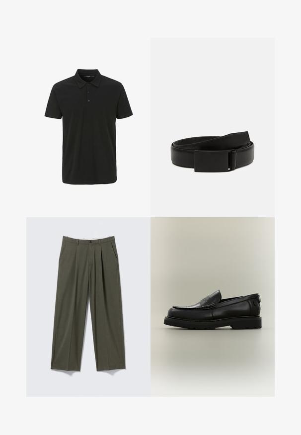 Sort polo-shirt lavet af bomuld, med krave, tre-knaps placket og korte ærmer. Glat tekstur med minimalistisk design.; Oliven grønne bukser med lige ben, forreste plisseringer, sidelommer, bæltestropper og knaplukning i taljen.; Sort læderloafer med en tyk gummisål, penny remdetalje og syning på mokkatoe-designet mod en neutral baggrund.; Sort læderbælte med en glat overflade, der har en rektangulær mat sort spænde og et klassisk, minimalistisk design.