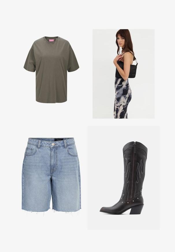 Olivengrøn oversized T-shirt lavet af blød bomuld, med en klassisk rund hals og korte ærmer, samt et pink label indeni.; Lysblå denimshorts med høj talje, fem lommer, frayed kant og klassisk knaplukning. Fremstillet af blødt, struktureret stof.; Brune læder cowboystøvler med flammebroderi, sidelukning med lynlås, sølvnitter, spids snude og lagdelt hæl.; Sort quiltet skuldertaske med en enkelt rem og sølvhardware, parret med en tætsiddende kjole med tie-dye mønster i nuancer af sort og creme.