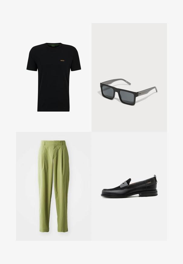 Camiseta de algodón negra con cuello redondo, mangas cortas y un pequeño logo dorado en el lado izquierdo del pecho. Textura suave y diseño sencillo.; Pantalones verdes claros hechos de una tela texturizada, con una forma recta, pliegues en la parte frontal y una cinturilla estándar.; Mocasín de cuero negro con detalle de tira gris, tacón bajo y suela texturizada, con la marca "HUGO" en oro en el lateral.; HUGO Gafas de sol - black