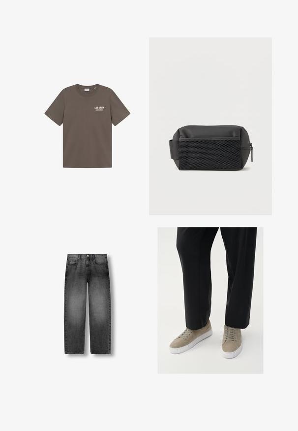Καφέ βαμβακερό t-shirt με λαιμόκοψη, κοντά μανίκια και μια μικρή λευκή λογότυπο γραφική απεικόνιση στο αριστερό στήθος. Λείο υφασμάτινο υλικό, άνετη εφαρμογή.; Μαύρο ξεθωριασμένο τζιν παντελόνι με ίσια γραμμή, κουμπί μπροστά, φερμουάρ και σχεδιασμό πέντε τσεπών, απλωμένο επίπεδα σε λευκό φόντο.; Ανοιχτό γκρι σουέτ αθλητικά παπούτσια με λευκή καουτσούκ σόλα, διακοσμημένα με στρογγυλά κορδόνια και μινιμαλιστικό σχέδιο, συνδυασμένα με μαύρο παντελόνι.; Μαύρο ορθογώνιο νεσεσέρ με μπροστινή τσέπη από δίχτυ, πλαϊνή λαβή και κλείσιμο με φερμουάρ σε λευκό φόντο.