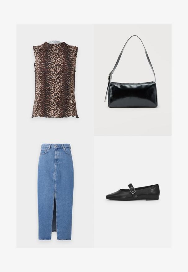 Mouwloze top met een geplooid ontwerp en een luipaardprint in tinten van beige, bruin en zwart. Ronde halslijn, zachte textuur.; Lichtblauwe denim midi-jurk met een voorkant split, klassieke vijf zakken ontwerp en sluiting met bovenste knoop. De stof heeft een lichte textuur.; Zwarte leren platte schoen met een ronde neus, een enkele verstelbare gespsluiting en een gladde, glanzende textuur. Minimalistisch ontwerp met een lage hak.; Zwarte rechthoekige schoudertas met een enkele verstelbare band en een bovenste ritssluiting op een effen achtergrond.