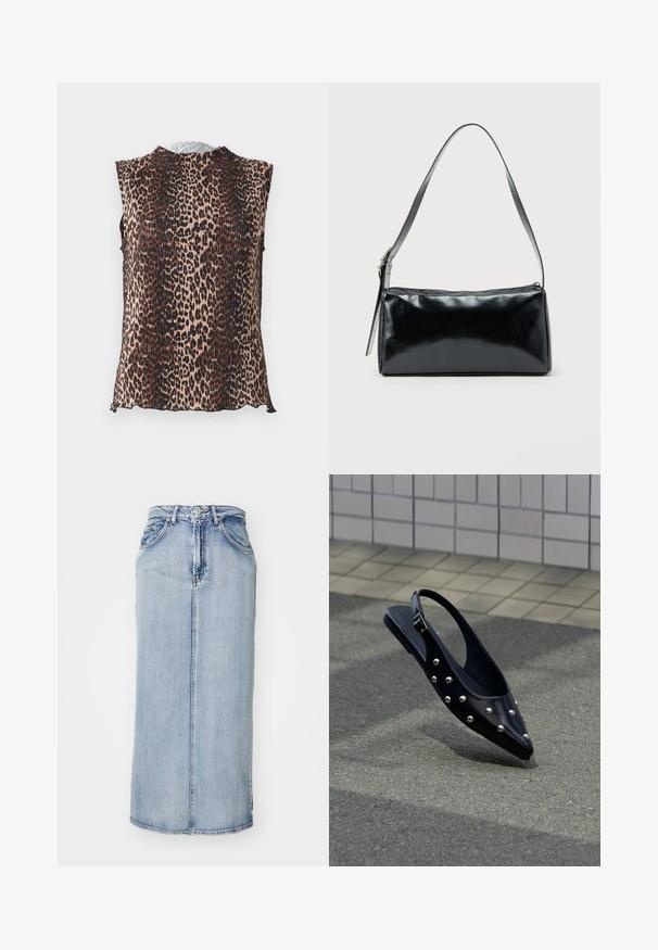 Débardeur sans manches avec un design plissé et un motif léopard dans des teintes de beige, marron et noir. Encolure arrondie, texture douce.; Jupe midi en denim bleu clair avec une taille ajustée, une couture frontale et des poches latérales ; présente une texture légèrement délavée.; Chaussure slingback noire à bout pointu avec des clous argentés, flottant au-dessus d'un bitume près d'un mur carrelé en arrière-plan.; Sac d'épaule rectangulaire noir avec une sangle réglable unique et une fermeture éclair supérieure sur un fond uni.