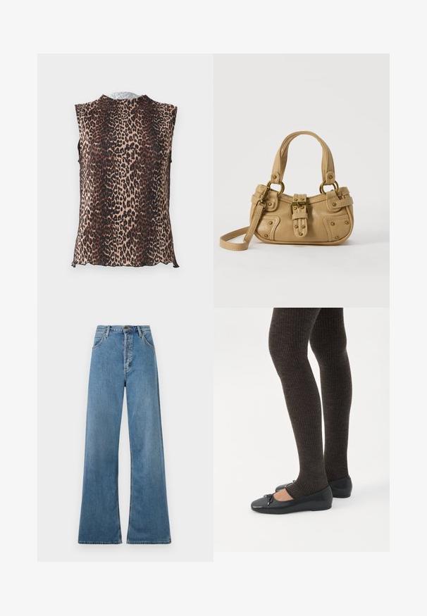 Débardeur sans manches avec un design plissé et un motif léopard dans des teintes de beige, marron et noir. Encolure arrondie, texture douce.; Jeans large bleu clair à taille haute, dotés de poches avant et d'un zip, présentés sur un fond blanc.; Jambes portant des leggings côtelés foncés associés à des ballerines noires avec de petits détails en nœud sur fond blanc.; Sac à main en cuir beige avec double poignées, boucle en laiton et détails rivetés, ainsi qu'une bandoulière réglable sur fond blanc.