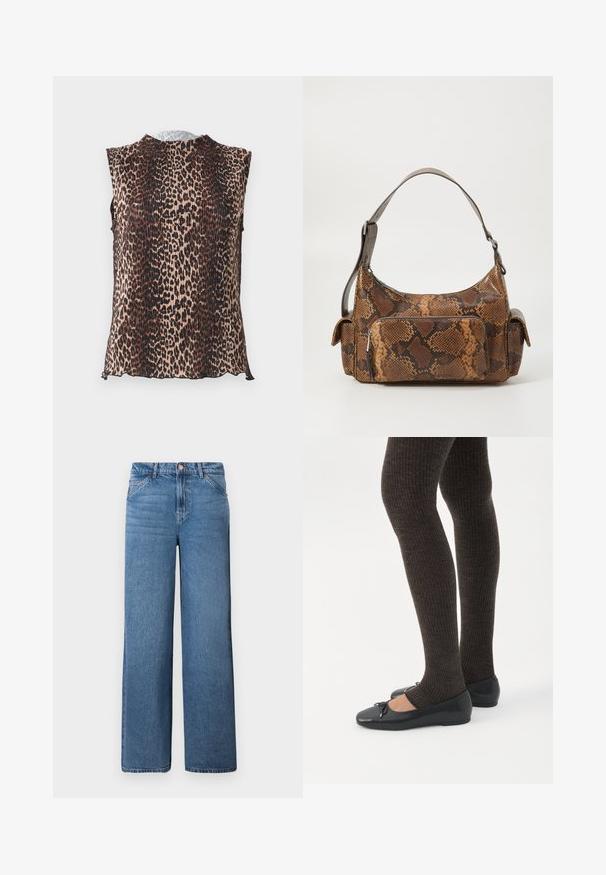 Mouwloze top met een geplooid ontwerp en een luipaardprint in tinten van beige, bruin en zwart. Ronde halslijn, zachte textuur.; Lichtblauwe denim wijde broek met hoge taille, voorzien van een verborgen rits en een knoopsluiting, en unieke stiksel op de voorzakken.; Benen met donkere geribbelde leggings gecombineerd met zwarte ballerina's met kleine strikdetails op een witte achtergrond.; Bruine handtas met slangenprint, voorzien van een gestructureerd oppervlak, een gebogen ontwerp, een enkele schouderband en één voorzijde ritsvak.
