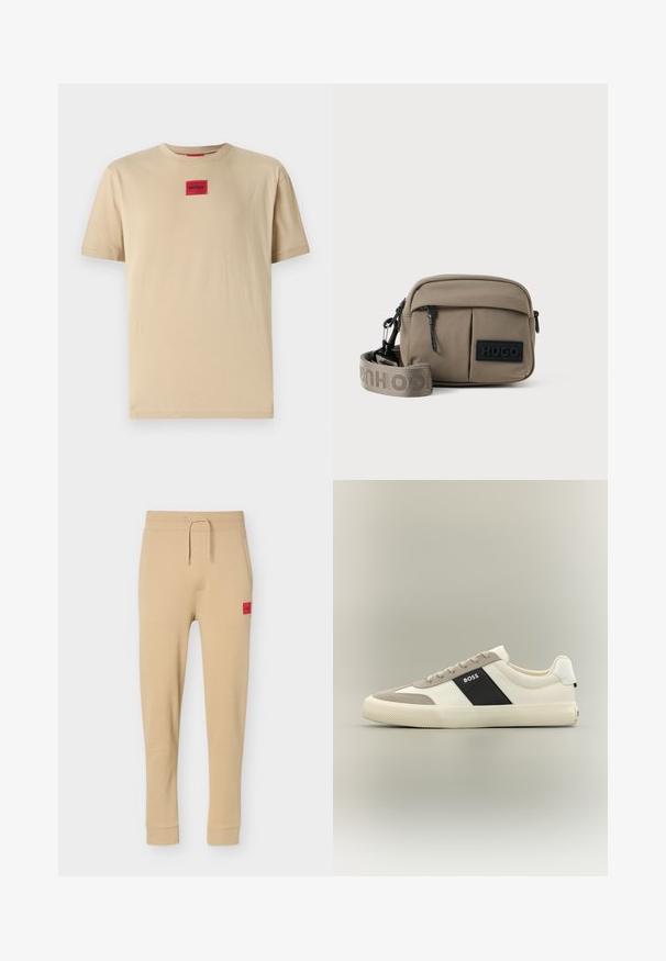 Beige katoenen T-shirt met een relaxte pasvorm, voorzien van een kleine rode "HUGO" logo patch in het midden en een klassieke ronde hals.; Beige taps toelopende joggingbroek met elastische tailleband, trekkoord, zijzakken, geribbelde enkelboorden en een rood logopatch op de rechterdij.; Witte en lichtgrijze lage sneaker met zwart zijpaneel met "BOSS"-logo, textuurrubber zool en beige veters op een neutrale achtergrond.; Khaki nylon schoudertas met twee ritszakken aan de voorkant, verstelbare schouderriem en een zwart logo-etiket aan de voorkant. Soepele textuur.