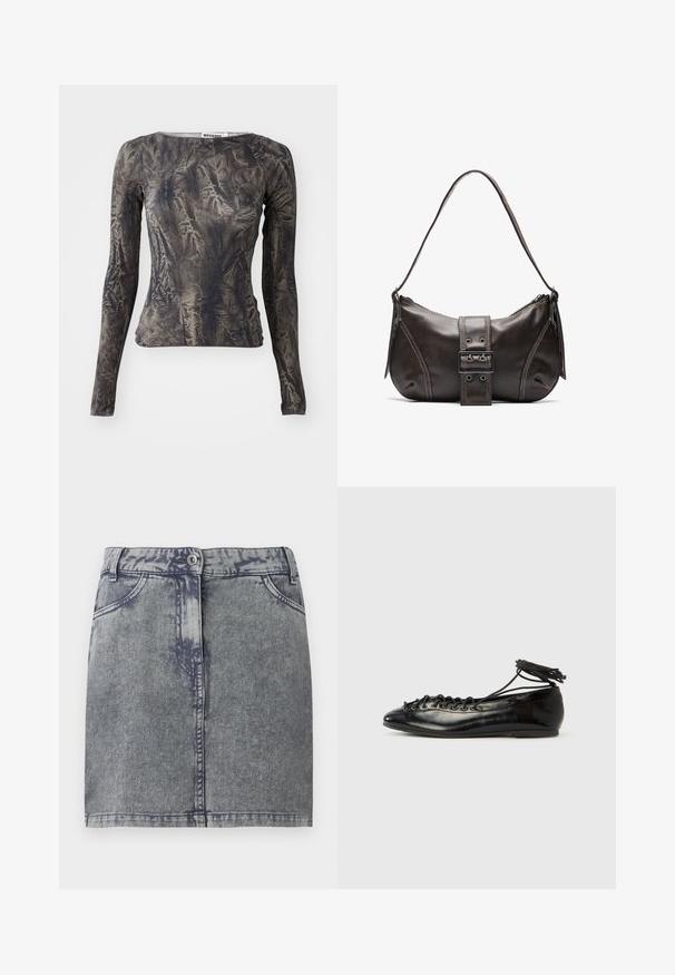 Langærmet bluse i mørkegrå med krøllet tekstur. Har en rund halsudskæring og tætsiddende silhuet. Enkel design med minimal udsmykning.; Grå denim minisukne med en falmet vask, der har forlommer, en knaplukning og en lige kant. Struktureret stof.; Sorte balletflade sko i laklæder med rundet tå, snørelukning og flad sål. Glat tekstur med få detaljer.; Brun læder skuldertaske med en buet form, der har et fremtrædende spænde, kontrasterende syninger og en enkelt skulderrem.