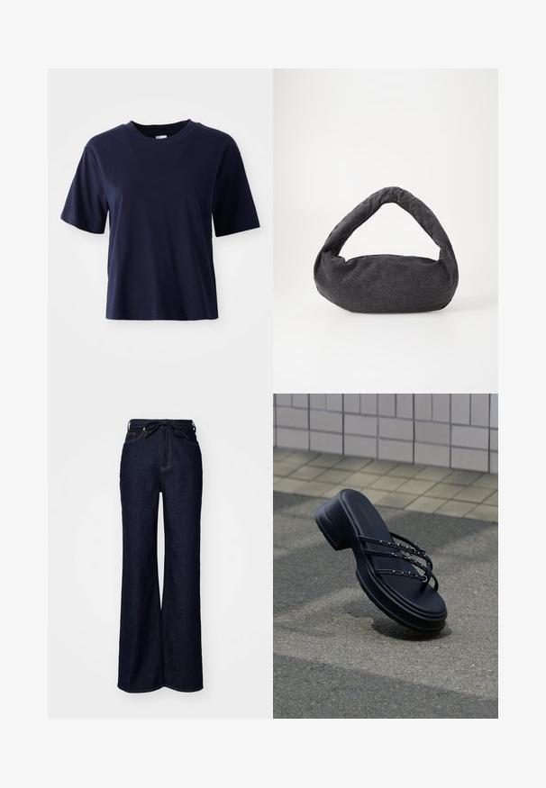 Mørkeblå bomulds T-shirt med korte ærmer, rund halsudskæring, afslappet pasform og glat tekstur. Ingen synlige mønstre eller detaljer.; Mørkeblå brede bukser lavet af denim, med høj talje, forlommer og en bindebåndslukning i taljen.; Sort platformsandal med tre tynde stropper og sølvspænder, svævende over asfalt nær flisebelagt væg.; Mørkegrå stofpose med et buet håndtag, blød tekstur og rund form. Ingen synligt hardware eller pynt.