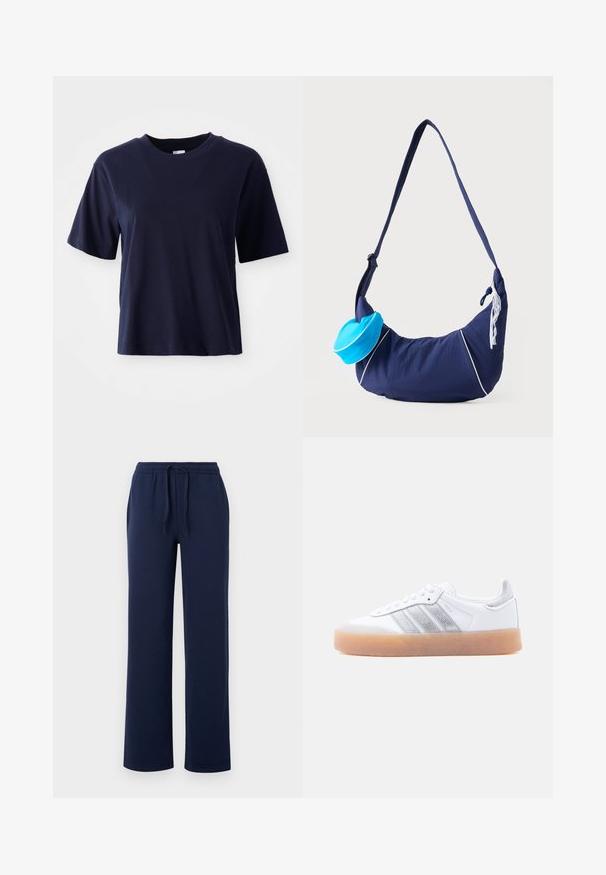 Mørkeblå bomulds T-shirt med korte ærmer, rund halsudskæring, afslappet pasform og glat tekstur. Ingen synlige mønstre eller detaljer.; Marineblå sweatpants lavet af blødt bomuld, med en elastisk talje og snoretræk, sidelommer og et lige ben-design.; Hvid lavtop-sneaker med gum-gummisål, sølvstribede sideaccents og snørelukning, vist mod en ensfarvet lys baggrund.; Navyblå skuldertaske med lang rem, hvide pipingdetaljer, en lille lyseblå pung fastgjort og hvid blonderdekoration på siden.