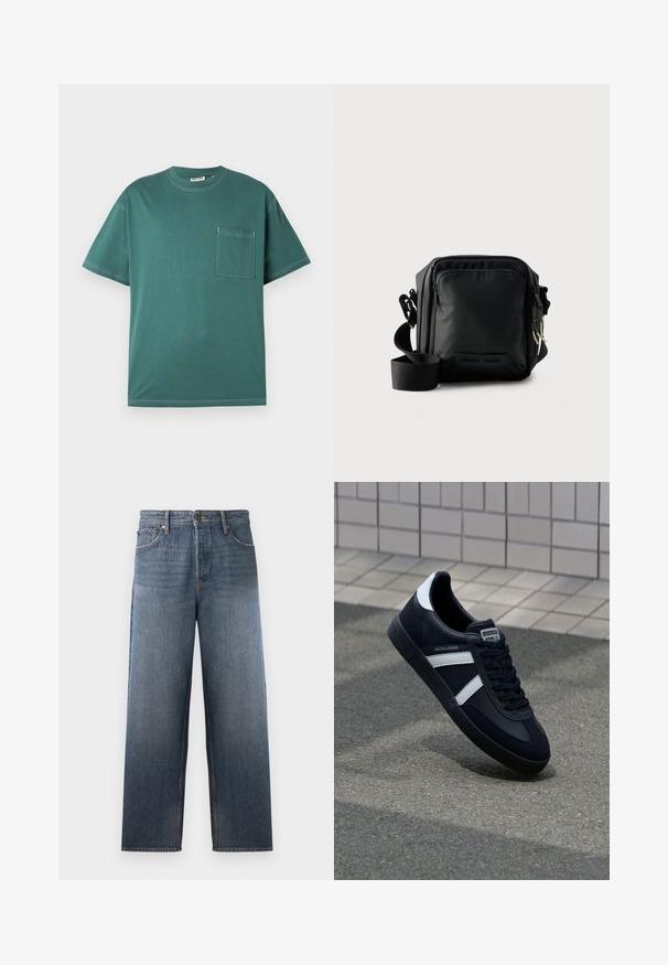Türkisfarbenes T-Shirt mit kurzen Ärmeln, weißer Naht und einer Brusttasche auf der linken Seite, vor einem schlichten weißen Hintergrund präsentiert.; Jeans aus Denim in mittlerem Blau mit einem geraden Bein Design, ausgestattet mit fünf Taschen, einem Knopf- und Reißverschluss sowie subtilen Verblassungen.; Schwarze Leder-Sneaker mit weißen Streifen, strukturiertem Gummisohle und Schnürung. Verfügt über ein Markenetikett auf der Zunge.; Schwarze kompakte Umhängetasche mit vorderer Reißverschlusstasche, verstellbarem Riemen und strukturiertem Stoff vor einfarbigem Hintergrund.