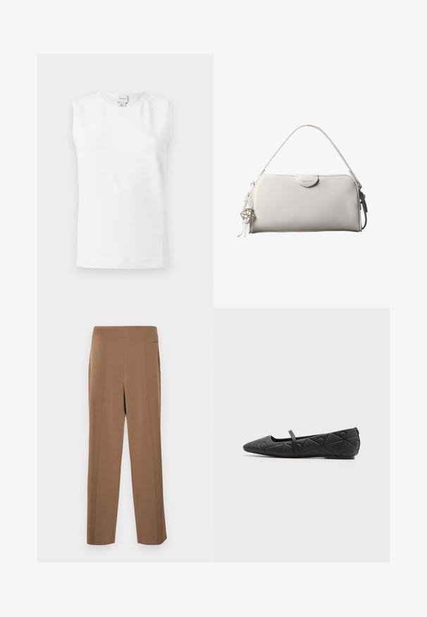 Haut blanc sans manches avec un col rond, étiquette Calvin Klein au niveau de la nuque, présenté sur un fond clair uni.; Pantalon marron ajusté avec une texture lisse, doté d'une taille haute, de jambes droites et de coutures frontales discrètes pour plus de détails.; Chaussure plate noire à bout pointu avec motifs géométriques matelassés et une fine bride sur le cou-de-pied sur fond uni.; Sac à main rectangulaire blanc Calvin Klein avec une seule poignée, design minimaliste et pampilles décoratives avec un charm métallique géométrique sur le côté.