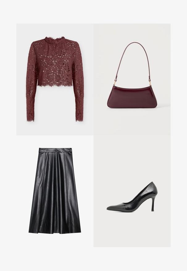Crop top en dentelle bordeaux avec manches longues et col montant. Présente des motifs floraux, un ourlet festonné et une texture transparente.; Jupe A-line en cuir noir avec plis, présentant une texture lisse, une taille cintrée et des détails de couture visibles. Aucun accent supplémentaire.; Chaussure à talon haut pour femme en cuir verni noir avec bout pointu et talon fin sur fond clair uni.; Sac à main brillant bordeaux foncé avec une anse fine unique et une forme trapézoïdale élégante sur un fond clair uni.