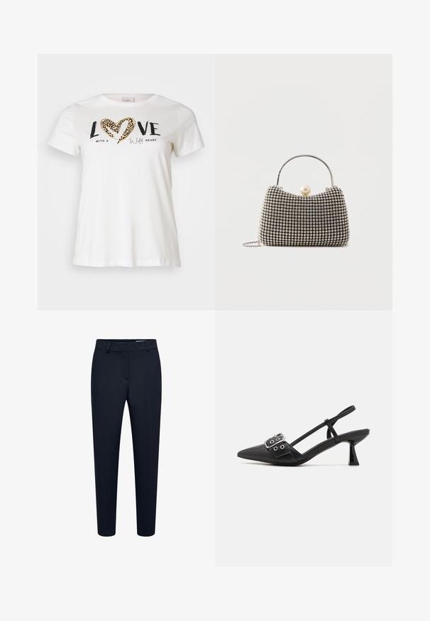Hvid T-shirt med rund halsudskæring, prydet med "LOVE" i sort og et hjerte i leopardprint, accentueret med "with a wild heart" i kursiv.; Sorte, skræddersyede, slanke bukser med bæltestropper og skjult lukning foran, velegnet til formelt eller kontorbrug.; Simmi London DALA - Pumps - black; Lille håndtaske med sølv gittermønster, buet håndtag, stor perle lukning og en tynd sølvkæde strop på en ensfarvet baggrund.