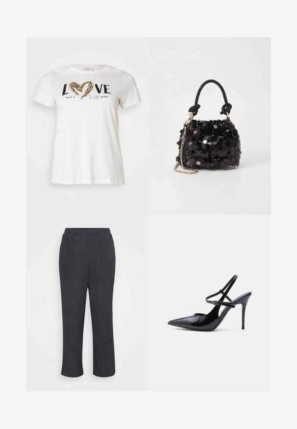 Hvid T-shirt med rund halsudskæring, prydet med "LOVE" i sort og et hjerte i leopardprint, accentueret med "with a wild heart" i kursiv.; Mørkegrå bukser med en tekstureret, ribbet design, udstyret med en elastisk talje og tætsiddende ben. Fremstillet af letvægts, blødt materiale.; Sort laklædersko med spids tå og høj hæl, med to smalle justerbare ankelstropper og en stilet hæl, vist fra siden.; Sort pailette mini håndtaske med en knyttet struktureret rem og sølv kæde. Rund form med samlet top og reflekterende detaljer.
