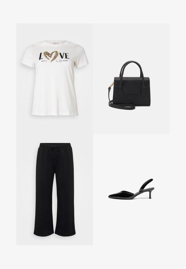 Hvid T-shirt med rund halsudskæring, prydet med "LOVE" i sort og et hjerte i leopardprint, accentueret med "with a wild heart" i kursiv.; Sorte brede sweatpants med elastisk talje og snøre, der har en glat overflade og ingen synlige mønstre eller detaljer.; Sorte patentlæder slingback hæle med spids tå, lav stiletto hæl og et elegant, enkelt design uden pynt.; Sort struktureret håndtaske lavet af læder med et topgreb, aftagelig skulderrem og detalje med frontklap. Guldhardware accenter.
