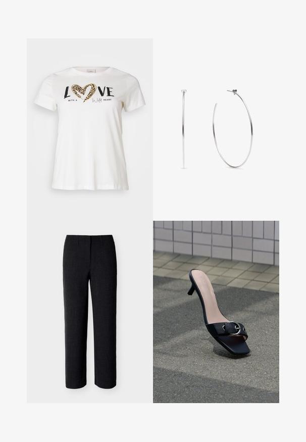 Hvid T-shirt med rund halsudskæring, prydet med "LOVE" i sort og et hjerte i leopardprint, accentueret med "with a wild heart" i kursiv.; Sorte skræddersyede bukser med lige ben, midtalje og diskret frontbøjle-detalje mod en ensartet lys baggrund.; Sort højhælet mule-sandal med firkantet tå, sølvspænde på rem, placeret på asfalt nær flisebelagt væg.; Tynde store sølvcreoler med hjerteformede ørestikker, vist fra siden og i vinkel på en hvid baggrund.
