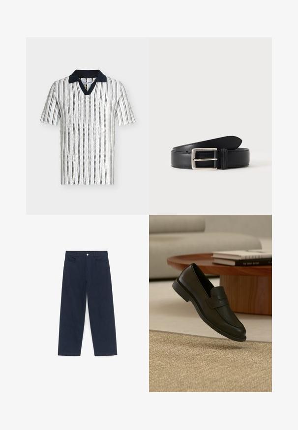 Polo en maille à manches courtes avec des rayures verticales noires et bleues sur fond blanc, doté d’un col uni bleu marine foncé et d’une encolure en V.; Pantalon droit bleu marine avec bouton frontal, fermeture éclair, passants de ceinture et poches avant, posé à plat sur un fond blanc.; Chaussure mocassin en cuir noir présentée en suspension au-dessus d'un tapis beige tissé, avec une table en bois et des livres empilés dans un salon doucement éclairé.; Ceinture en cuir noir avec boucle rectangulaire argentée, soigneusement enroulée sur fond blanc.