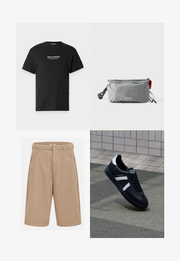 Zwarte katoenen T-shirt met korte mouwen, met witte bedrukte tekst "REPLAY GARAGE OPGERICHT 1981" gecentreerd op de borst.; Beige corduroy knielange korte broek met riemlussen, steekzakken aan de voorkant en een knoopsluiting.; Zwarte leren sneaker met witte strepen, een gestructureerde rubberen zool en vetersluiting aan de voorkant. Voorzien van een merklabel op de tong.; Grijze rechthoekige pouch met ritsen, zwart-wit touwhandvat aan één kant, en de tekst "ONLY & SONS" op de voorkant in het midden.