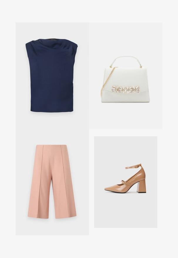 Blouse sans manches bleu marine avec un col drapé, tissu lisse et ourlet droit, présenté à plat sur un fond blanc.; AERON PEN - Short - mottled pink; Chaussures à talons hauts en cuir verni beige avec un bout pointu, une bride de cheville et un talon carré épais. Texture lisse avec une finition brillante.; Sac à main en faux cuir blanc avec une forme structurée, doté d'une bandoulière en chaîne dorée et d'une ornementation en gemme décorative sur le devant.