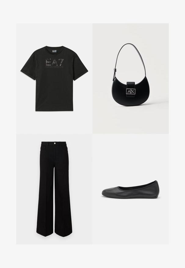 Camiseta de algodón negra con un diseño de logo texturado en lentejuelas con "EA7" y "EMPORIO ARMANI" impreso en gris en el frente. Manga corta.; Pantalones de mezclilla negros de pierna ancha, hechos de una tela resistente, con una cintura alta, bolsillos frontales y un cierre de botón en la parte delantera. Dobladillo recto en la parte inferior.; Bailarina de piel negra con punta redondeada, textura suave, detalle de costura minimalista y diseño de suela flexible.; Bolso negro en forma de media luna con una correa ajustable única y un broche con el logo A|X plateado en la solapa frontal.