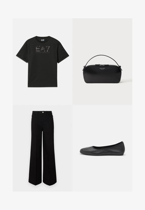 Sort bomulds T-shirt med et tekstureret logo design i pailletter, hvor "EA7" og "EMPORIO ARMANI" er trykt i grå på forsiden. Korte ærmer.; Sorte vide ben-jeans lavet af robust stof, med høj talje, forlommer og en frontal knaplukning. Flad kant i bunden.; Sort læderballetsko med rund tå, glat tekstur, minimal syning og et fleksibelt såldesign.; Sort læderhåndledstaske med sølv lynlås og kort hank, prægede Emporio Armani Milano 1981-logo foran.