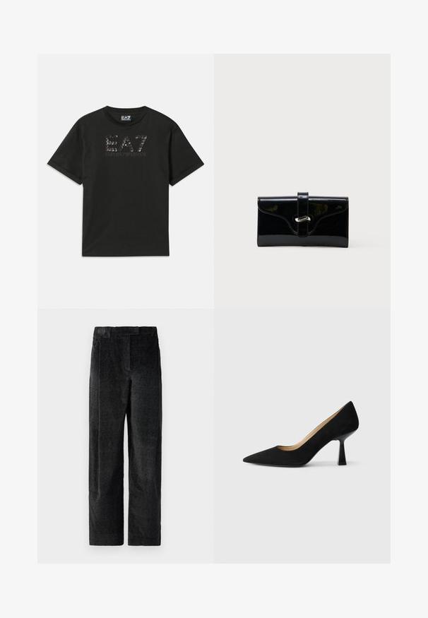 Camiseta de algodón negra con un diseño de logo texturado en lentejuelas con "EA7" y "EMPORIO ARMANI" impreso en gris en el frente. Manga corta.; Pantalones de pierna ancha texturizados en negro con un tejido pronunciado, que presentan pliegues frontales y una cinturilla plana. Diseño clásico para versatilidad.; Zapato de tacón alto de ante negro con punta afilada, que cuenta con un tacón de bloque negro brillante y un forro interior suave.; Cartera rectangular negra y brillante con una correa frontal y cierre de broche metálico plateado, colocada sobre un fondo blanco liso.
