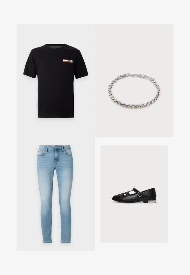 Mustalla puuvillapaidalla on pieni logodesign ja suorakaiteen muotoinen värilohko punaisena ja valkoisena vasemmassa rinnassa.; Vaaleansiniset slim fit -farkut, jotka on valmistettu denimistä. Keskikorkea vyötärö, viisi taskua ja hienovarainen haalistuminen reisissä. Napitus vyötäröllä.; Musta nahkainen matala kenkä hopeisilla piikeillä päällä, leikatulla designilla, hopeisella solkisella remmillä ja metallisella yksityiskohdalla kannassa.; Hopeaketangitangi meetarangi a ngā pātea rīwai he fīre anō ki ngā pākiki me ngā taura ka taea te whakarite i runga i te pūtake ma.