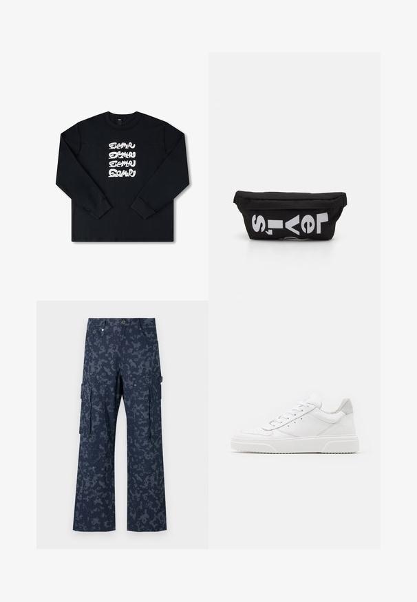 Sort sweatshirt med lange ærmer, der har et hvidt gentaget grafisk logo i stiliseret skrifttype på forsiden. Fremstillet af blødt stof.; Sean John SCRIPT LOGO CAMOUFLAGE - Cargobukser - blue; Hvide lædersneakers med en glat finish, rund tå, flade snørebånd og en struktureret sål. Grå ruskindsdetalje ved hælen.; Sort stoftaske med flad form, prydet med fed hvid tekst. Lynlåsen er placeret øverst, med en løkke detalje på den ene side.