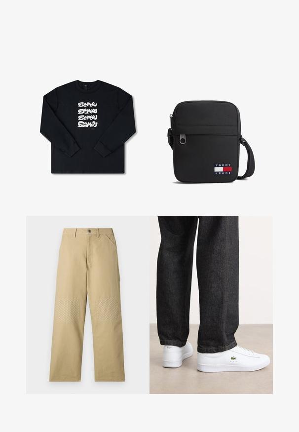 Sort sweatshirt med lange ærmer, der har et hvidt gentaget grafisk logo i stiliseret skrifttype på forsiden. Fremstillet af blødt stof.; Khaki bomuldsbukser med lige ben, der har hvidt krydssting på knælapperne og lukning med knap foran.; Hvite lærsneakers med et lavprofil-design og grønt logo, parret med mørke denimjeans med gul syning.; Sort skuldertaske med justerbar rem, lynlåslomme foran og Tommy Jeans-logo i rød, hvid og blå på forsiden nederst til højre.