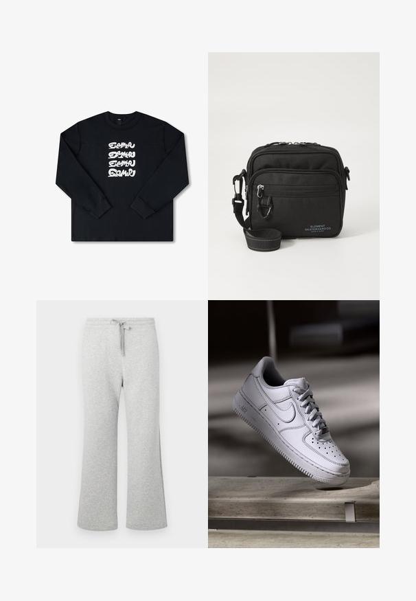 Sudadera negra de manga larga con un logo gráfico blanco repetido en letras estilizadas en la parte delantera. Fabricada con un tejido suave.; Pantalones de chándal de mezcla de algodón gris claro con piernas rectas, cintura elástica, cordón de ajuste y bolsillos laterales, mostrados en posición plana sobre un fondo blanco.; Zapatilla Nike Air Force 1 de cuero blanco que presenta una puntera perforada, cordones planos y una suela de goma texturizada con la marca "AIR" en el lateral.; Bolso bandolera de tela negra con dos compartimentos con cremallera, correa ajustable y un sutil detalle de logo azul en la parte frontal.