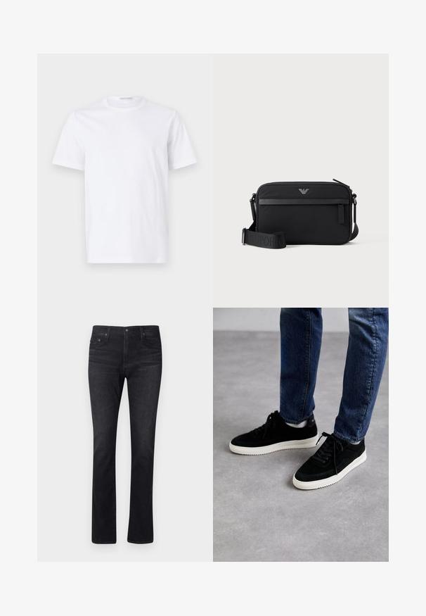 Witte katoenen t-shirt met een ronde hals en korte mouwen. Gladde textuur, rechte snit en minimalistisch ontwerp zonder patronen of accenten.; Donkerdenim jeans met een recht model, met een klassieke vijf-pocket ontwerp en subtiele stiksels. De stof heeft een gladde textuur.; Zwarte suede sneakers met een witte rubberen zool, met een klassiek low-top ontwerp, een ronde neus en flat zwarte veters.; Zwarte rechthoekige crossbodytas met voorvak met rits, verstelbare schouderriem en klein metalen logo bovenaan in het midden.