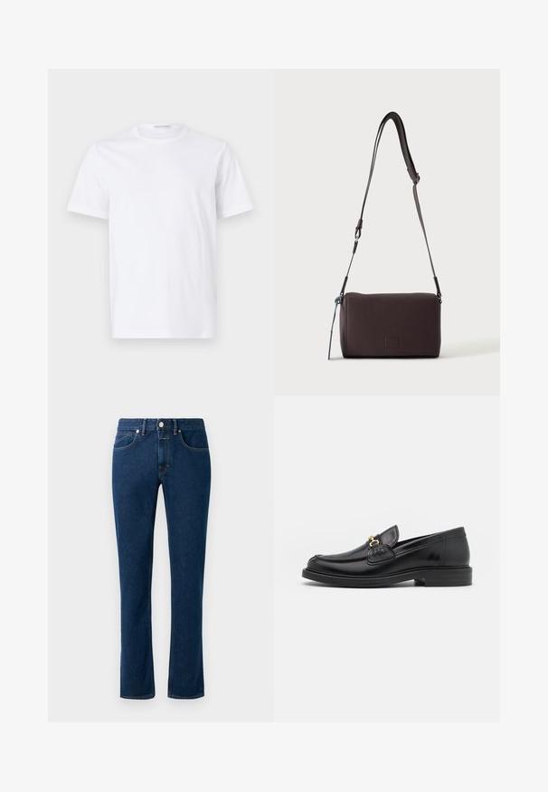 Witte katoenen t-shirt met een ronde hals en korte mouwen. Gladde textuur, rechte snit en minimalistisch ontwerp zonder patronen of accenten.; Donkerblauwe denim jeans met een slim recht model, klassieke vijf-pocket stijl en een knoopsluiting bij de taille.; Zwarte leren instappers met een ronde neus, voorzien van een gouden hardware accent en stikdetails, geplaatst op een lage, getextureerde rubberen zool.; Donkerbruine gestructureerde leren crossbodytas met verstelbare riem en klein decoratief blauw accent aan de zijkant.